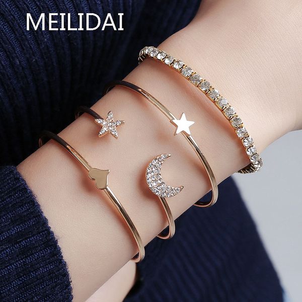

meild 4 pcs/set moon and star bangles for women charm lovely crystal bracelets adjustable females accessories jewellery, Black