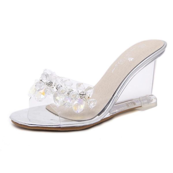 

summer transparent sweet glass beaded rhinestone sandals wedge heel clear open toe high-heels party office women pumps, Black