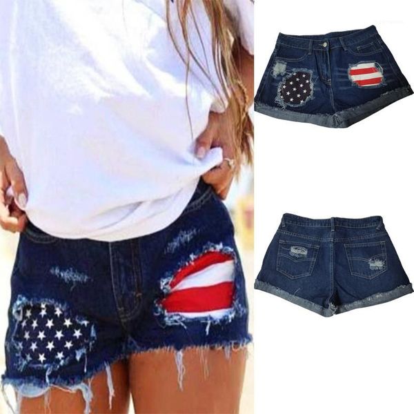 

tassel cuffs denim shorts summer women designer clothing women us flag jean shorts casual ripped hole, Blue