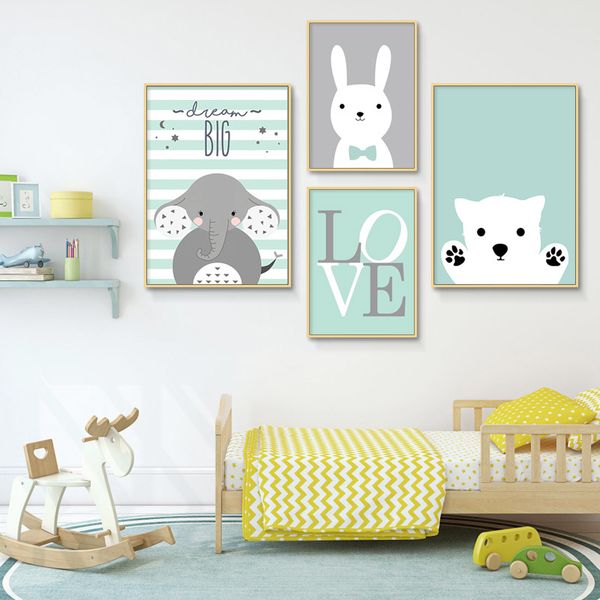 

kawaii baby nursery wall art canvas poster print cartoon elephant rabbit bear painting nordic picture kid boy bedroom decor