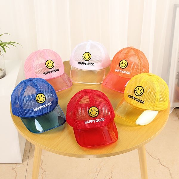 

children's smiling face summer new cartoon net baseball cap fashion sunscreen transparent letter baseball cap children, Blue;gray