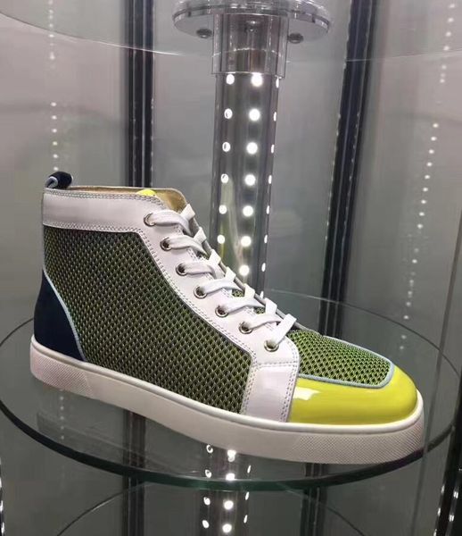 

original box] luxury leather sneakers shoes high new for men party designer red bottom sneaker mesh leather leisure trainer footwear, Black