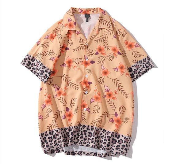 

man square collar loose short sleeve shirt vintage leopard print for men's shirt streetwear floral print chemise beach man, White;black