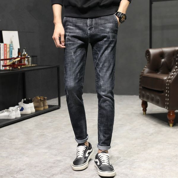 

men casual solid breathable soft jeans cotton straight pencil pants youth streetwear trousers fashion homens jeans, Blue