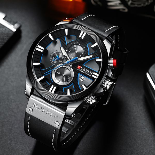 

curren big dial men's watch 2020 chronograph sport men watches design creative with dates male wristwatch mens stainless steel, Slivery;brown