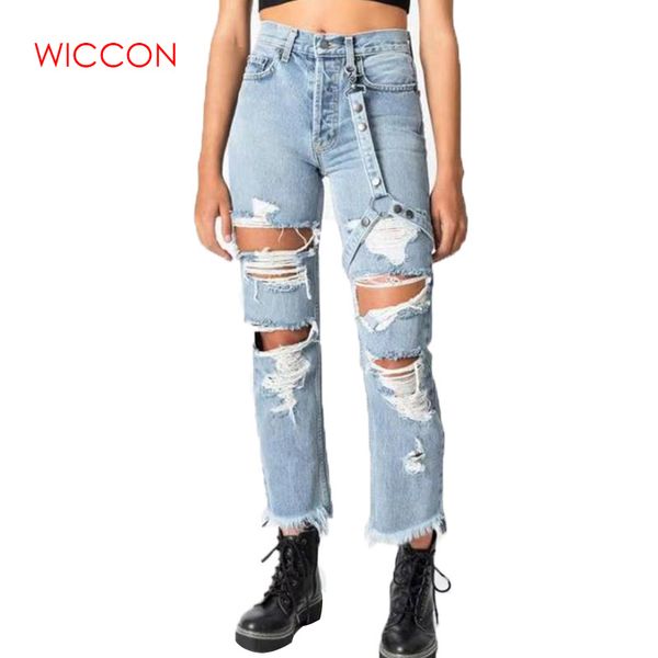 

women's jeans mid waist ripped women hole lace up streetwear street style vintage denim pant 2021 skinny pencil, Blue
