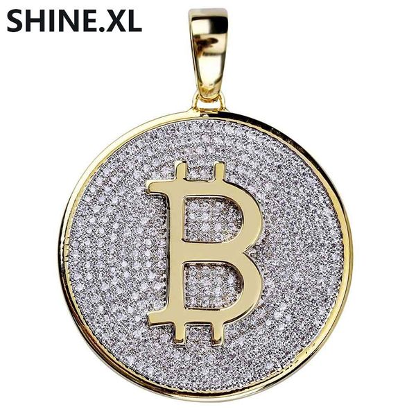 

hip hop iced out круглый bitcoin подвеска micro pave cz камень ожерелье цвета золота гальваническим золотая цепь для мужчин, Silver