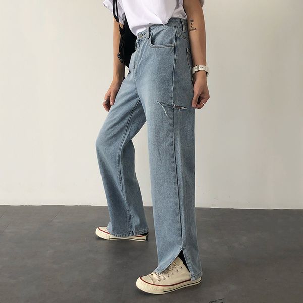 

ewq / men's wear straight jeans male korean style high-waisted slim vintage loose hole vent hem streetwear jeans 2020 new 9y2652, Blue