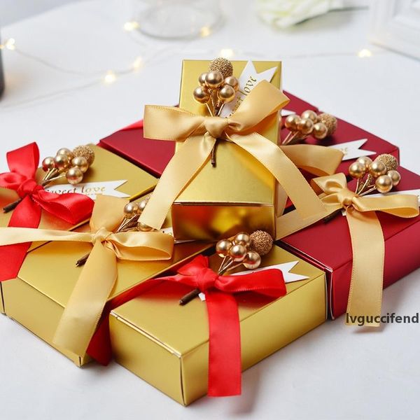 

wedding candy box pink golden unique diy bead flower square paper candy box 50 pcs/lot wedding shower birthday candy box