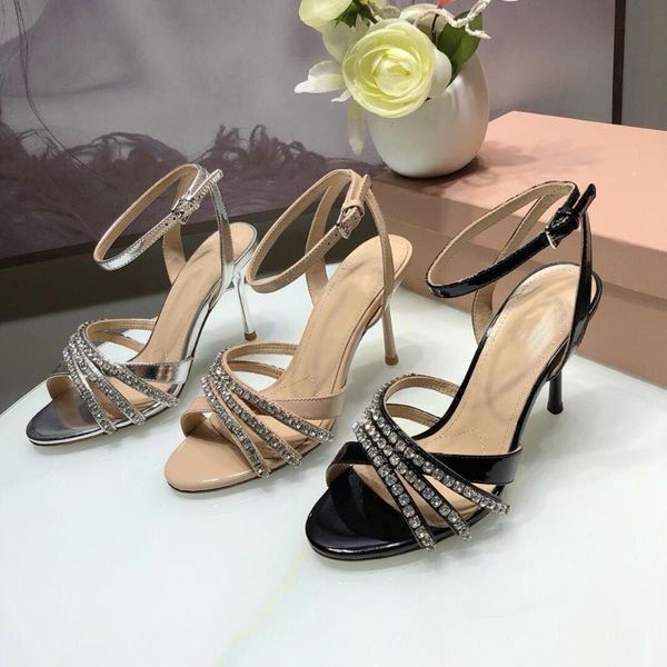 

zapatos de mujer med high thin heels sandals crystal bling sandals narrow band ankle strap shoes woman, Black