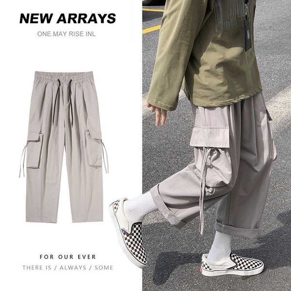 

2020 new autumn men cargo pants men's casual loose ankle-length pants new fashion men's straight trousers man, Black