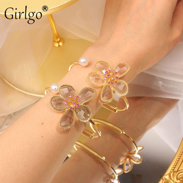 

girlgo big flower cuff bangles for women cute romantic simulated pearls acrylic metal luxury fashion jewelry gifts, Black