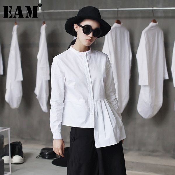 

eam] 2020 spring hem folds spliced irregular slim casual long sleeve o-neck shirt fashion new women blouse la315, White