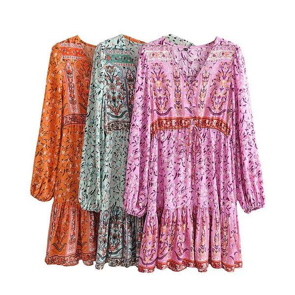 

2020 summer dresses floral print casual loose mini dress women long sleeve vintage boho summer chiffon button holiday dress, Black;gray