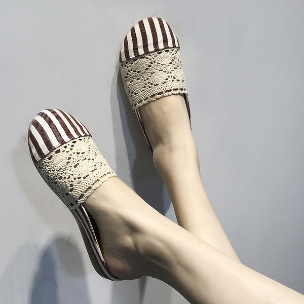 

mules shoes 2019 women summer slippers casual lace slides woman round toe gingham flat sandals ladies female shoes cs08, Black