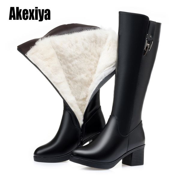 

wool women snow boots knee high warm genuine leather fur warm shoes plush boots platform for women winter u513, Black