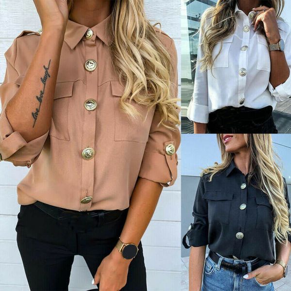 

2020 womens formal casual solid blouse fashion long sleeve solid color button long tunic lady girls shirts new 3 colors, White
