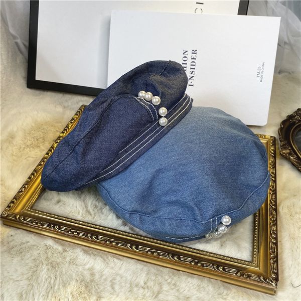 

washed denim painter beret octagonal beret female korean fashion casual all-match autumn pearl octagonal hat painter hat, Blue;gray
