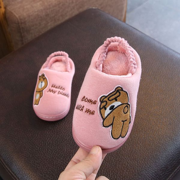 

winter children girls home slippers kids cute cartoon bear cotton shoes baby boy indoor slippers velvet warming shoes soft, Black;grey