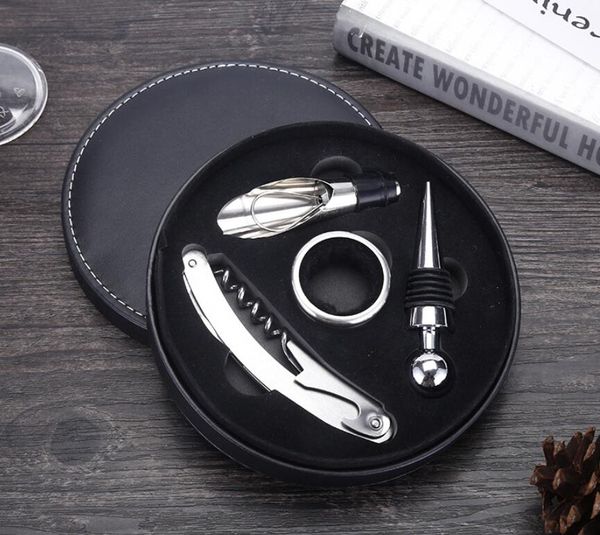 

4pcs red wine bottle opener set stainless steel wine opener gift set round leather box wine kits ser pourer accessories sets ship