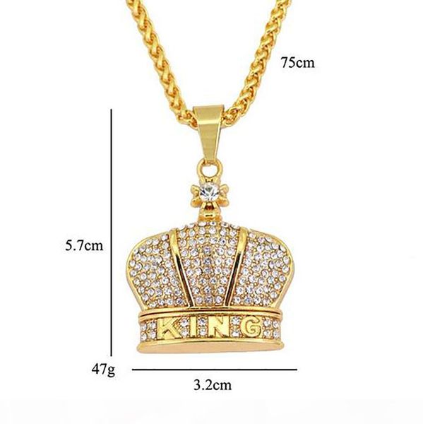 

2018 мужская 18k позолоченный king crown шарм 75см кубинской цепи hip hop iced out золотая корона короля ожерелье для мужчин женщин, Silver