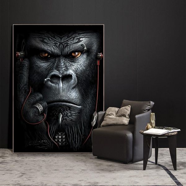 

apes monkeys gorila listening to music animals canvas painting abstract wall art posters prints picture for living room home decor