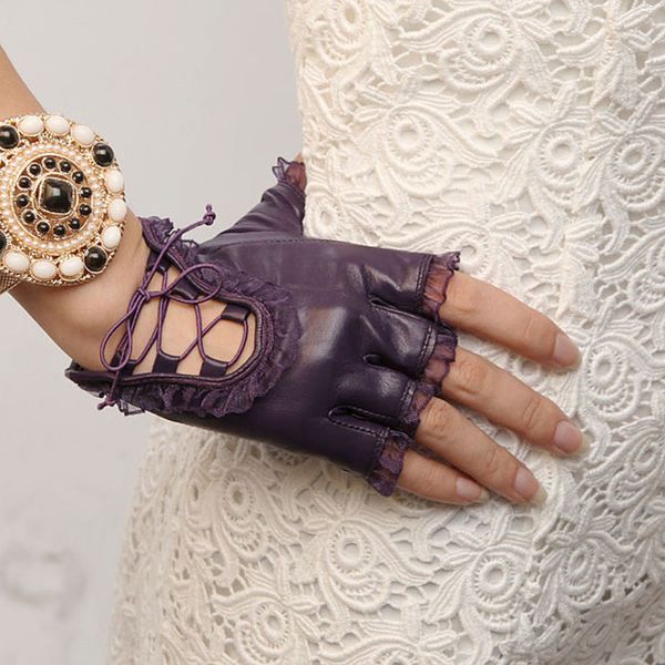 

brand lady half-finger fashion sheepskin gloves hip-hop performances gloves tide single lace leather for women l005n-5, Blue;gray