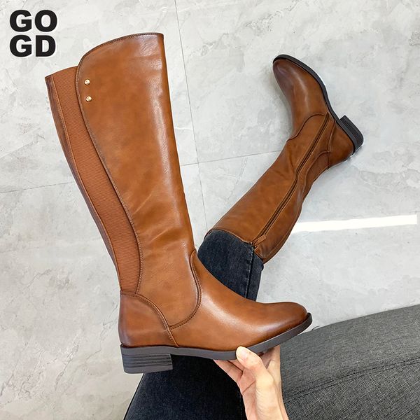 

boots [gogd]ins high 2021 fashion zip shoes ladies elastic chunky heels women punk roman flat size41, Black