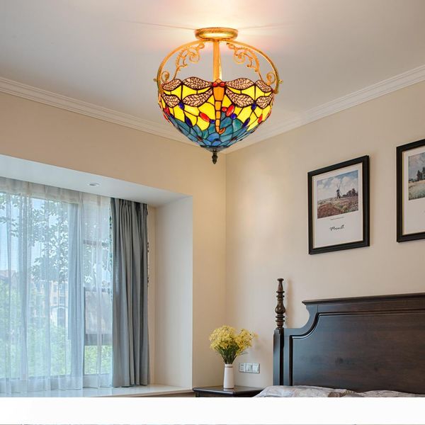 

retro dragonfly stained glass lamp e27 living room bedroom aisle corridor glass semi-ceiling lights tiffany ceiling lampstf042