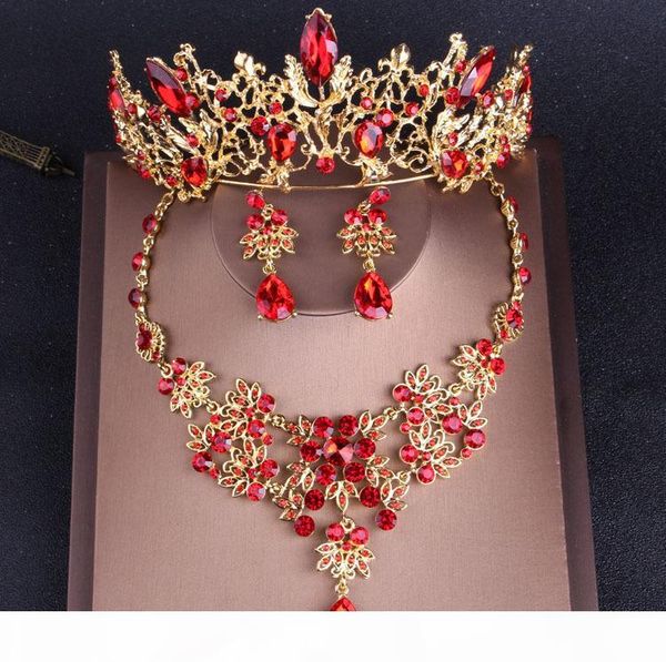 

baroque vintage gold red crystal bridal jewelry sets rhinestone tiaras crown choker necklace earrings set wedding accessories y19051302, Silver