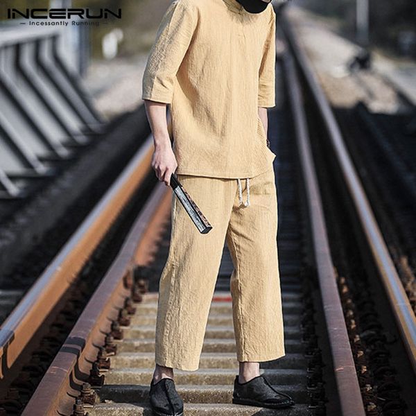 

man retro comfortable sets casual half sleeve stand collar blouse waist drawstring pants men vintage solid color suits 2 pieces, Gray