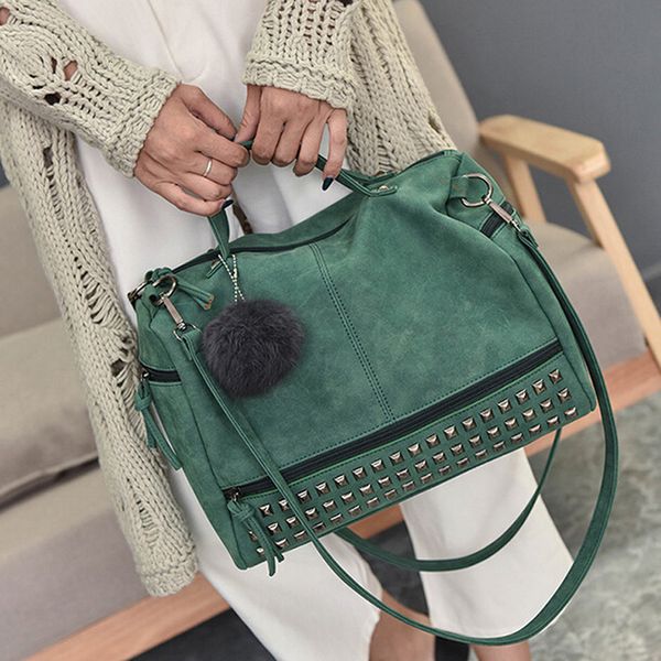 

fashion vintage nubuck leather ladies handbags rivet larger women bags hair ball shoulder bag motorcycle messenger hand bag
