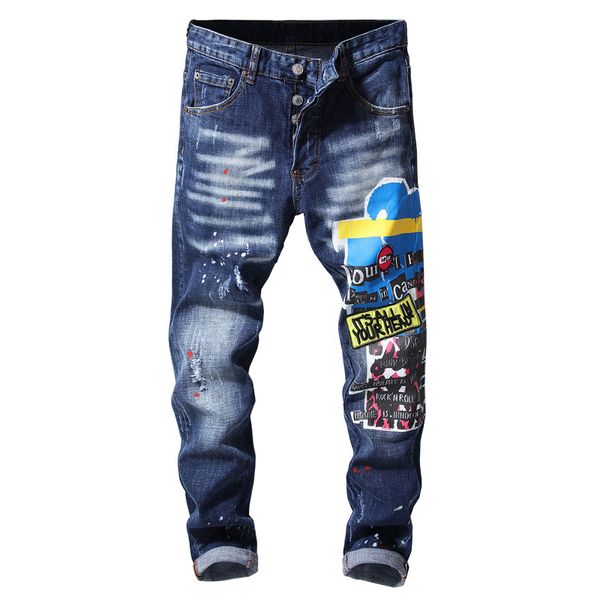 

sokotoo men's embroidery patchwork buttons jeans slim skinny painted holes ripped denim pants, Blue