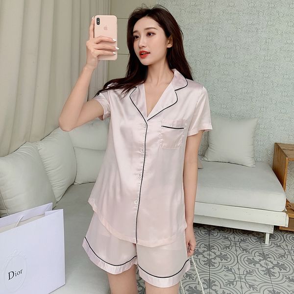

2020 summer solid color and pajamas shorts new short-sleeved shorts pajamas women's loose large size ice and snow silk satin book set, Blue;red
