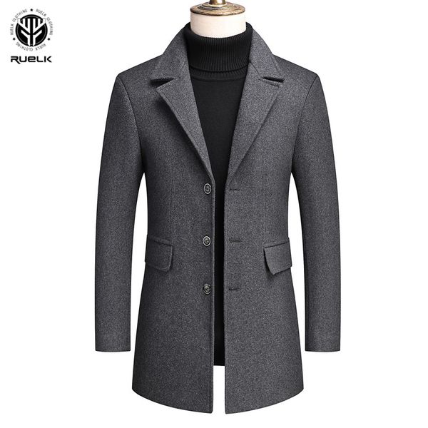

men's wool & blends ruelk 2021 autumn and winter woolen coat mid-length windbreaker over the knee cloth solid color men clothing, Black