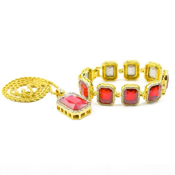 

men hip hop jewelry necklace bracelet set gold color bling rhinestone square crystal pendant with square crystal bracelet set, Silver