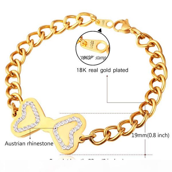 

women's rhinestone stainless steel jewelry 18k gold plated cuban link chain with cute bowknot charm bracelet, Golden;silver