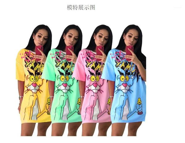 

diamonds animal dress women pink panther t shirt dress beading t shirt summer o neck short sleeve loose z3421, Black;gray