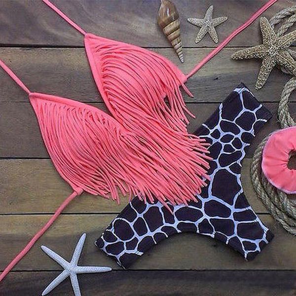 

women triangle tassel bikini push up padded bra swimwear bikini swimsuit bathing suit leopard bikini set tassel beachsuit, White;black