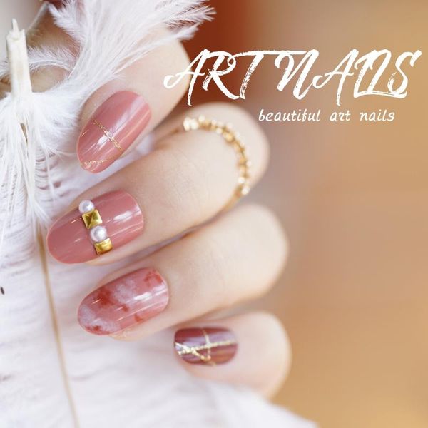 

24 pcs pink finished false nail square short full cover fake nails diamond pearl gold line artificial nail set with glue sticker, Red;gold