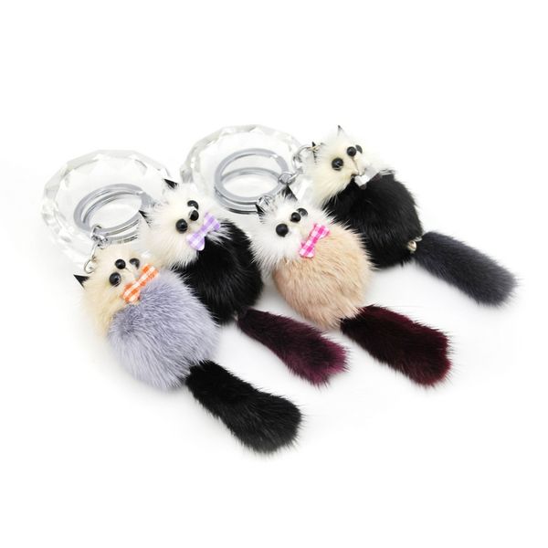 

new cute girls fluffy fur pompom raccoon keychain women genuine fur bear key chain pom pom bag car trinket party gift, Silver