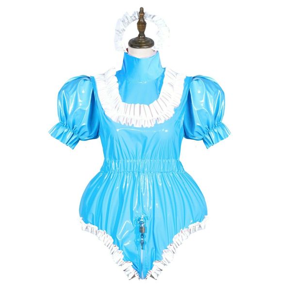 

lockable sissy maid blue pvc romper, Black;red