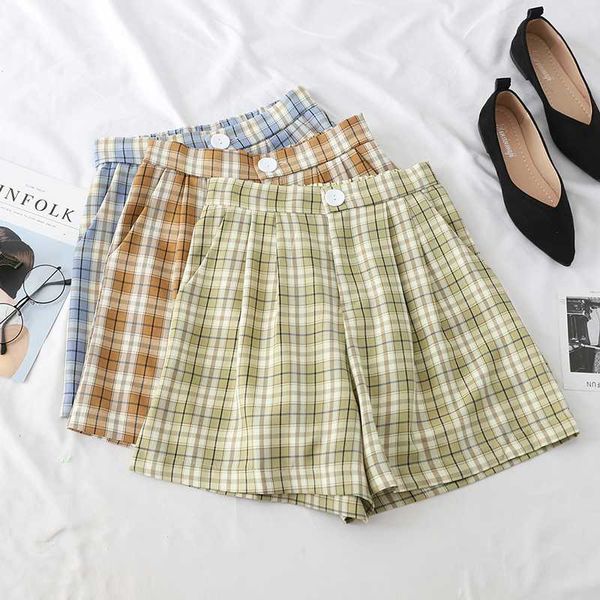 

summer loose plaid shorts for women high waist button a-line wide leg shorts 2020 casual solid female pockets slim hot, White;black