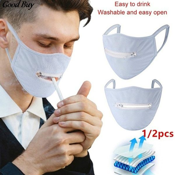 

zipper mouth mask for men women washable protective drink smoke masks reusable face masks facial cover mouth protect, Silver