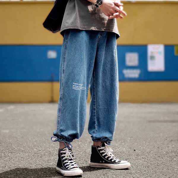 

pln4v summer ankle-tied jeans men's loose fashion brand trendy jeans wide leg pants ins falling wide leg pants men's chic casual s, Blue