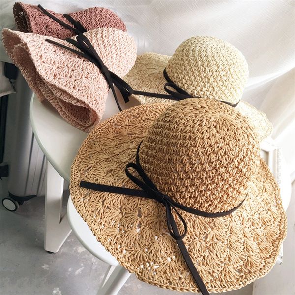 

korean style big eaves hand butterfly straw woven straw children's summer holiday sun hat bow beach sun hat folding, Blue;gray