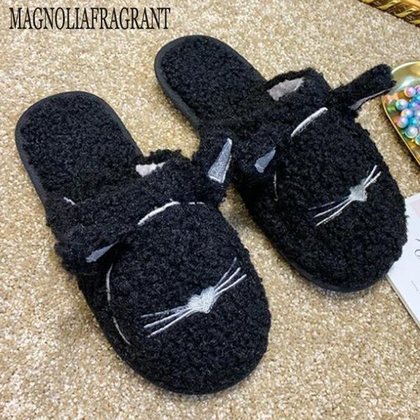 

cozy women home slippers winter warm shoes woman slip on flats slides female cartoons baotou plush slippers women shoes hy920, Black