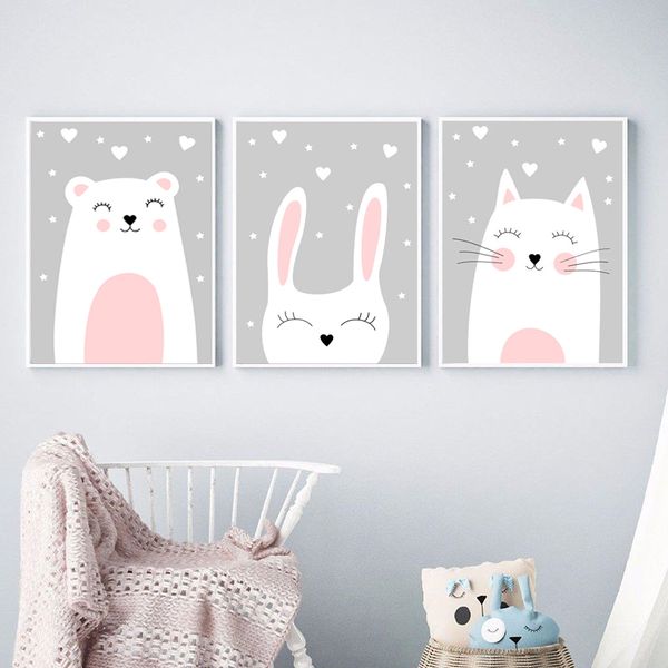 

baby nursery wall art pink rabbit cat bear prints and posters kids girl room canvas painting picture nordic decorative picture