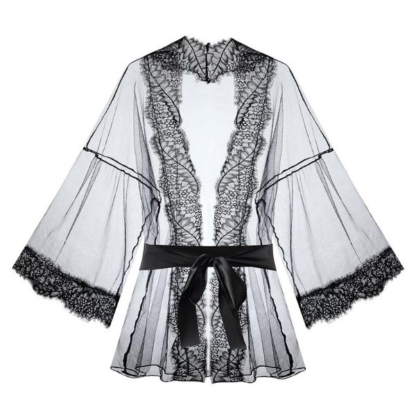 

women's sleepwear lace trim sheer mesh belted robe lingerie costumes nightwear underwear erotic nightdress, Black;red
