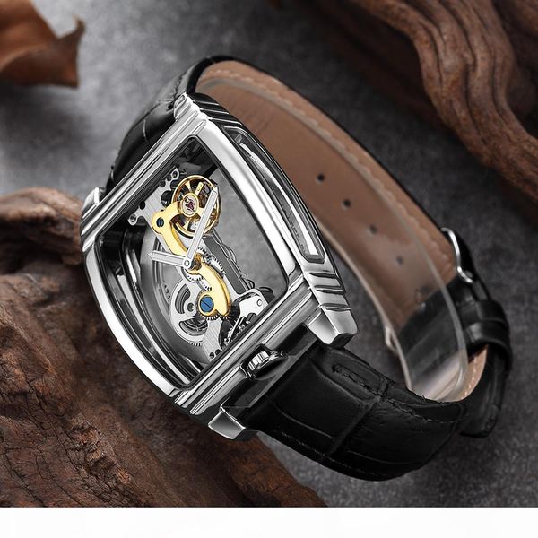 

mens fashion transparent watch automatic mechanical watch men leather strap brand steampunk self winding montre homme, Slivery;brown